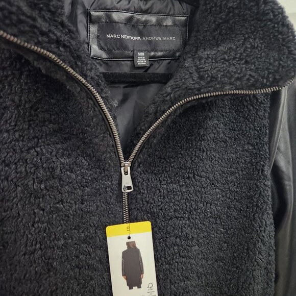 NWT Andrew Marc Women’s Tunis Pleather Trimmed Sherpa Coat Black Size S - Picture 7 of 8